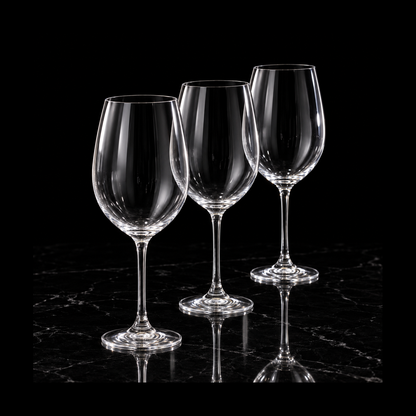 Large crystal wine glasses on black marble