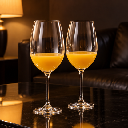 Large crystal glasses with mango juice in a living room