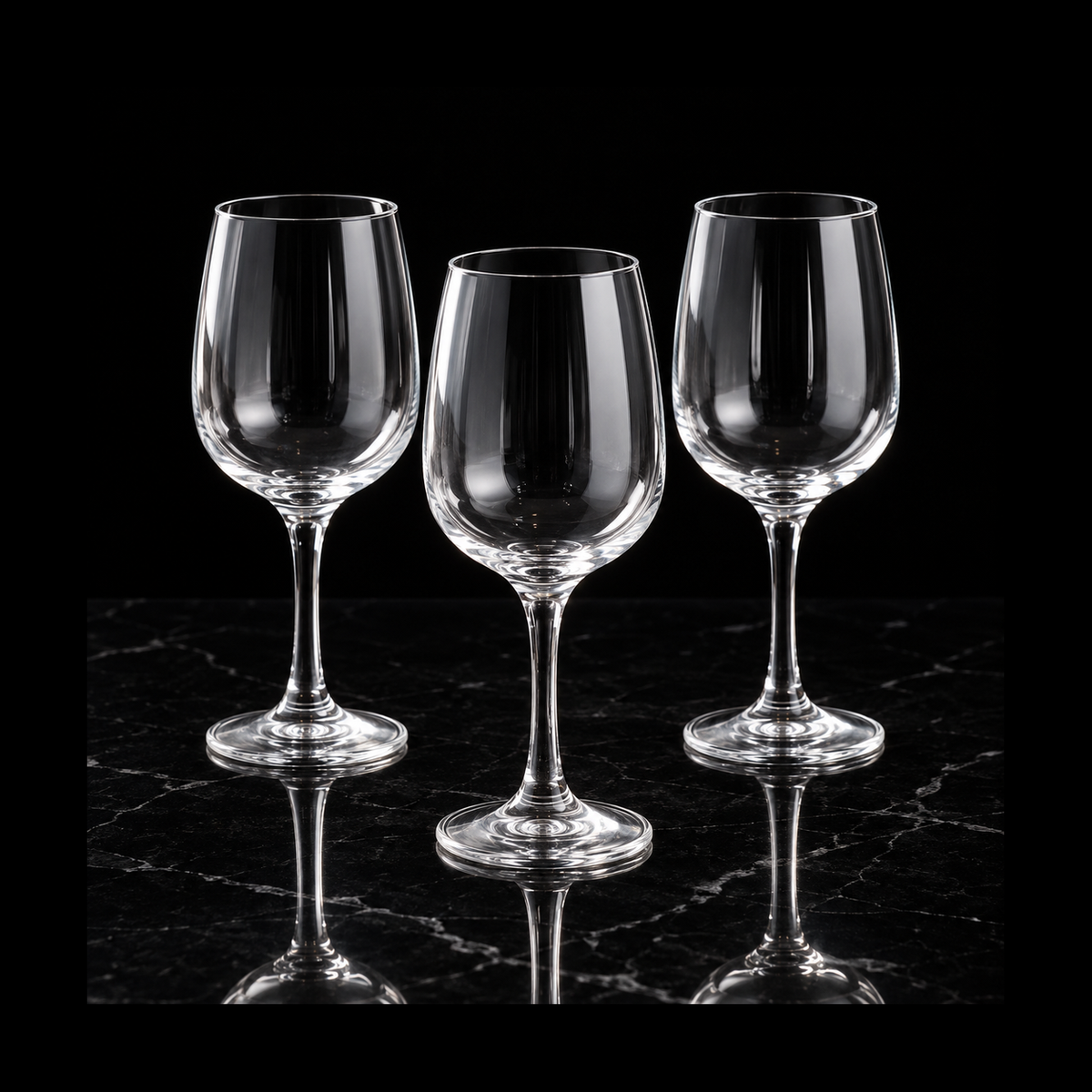 Clear wine glasses on black marble