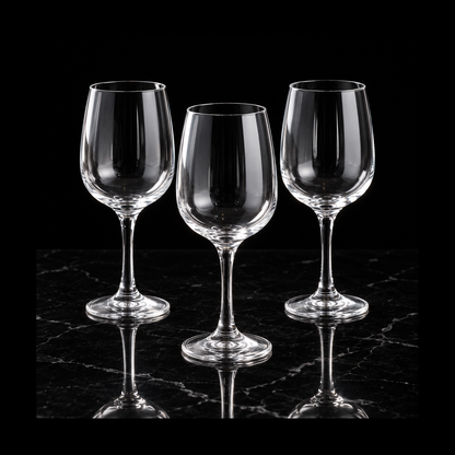 Clear wine glasses on black marble