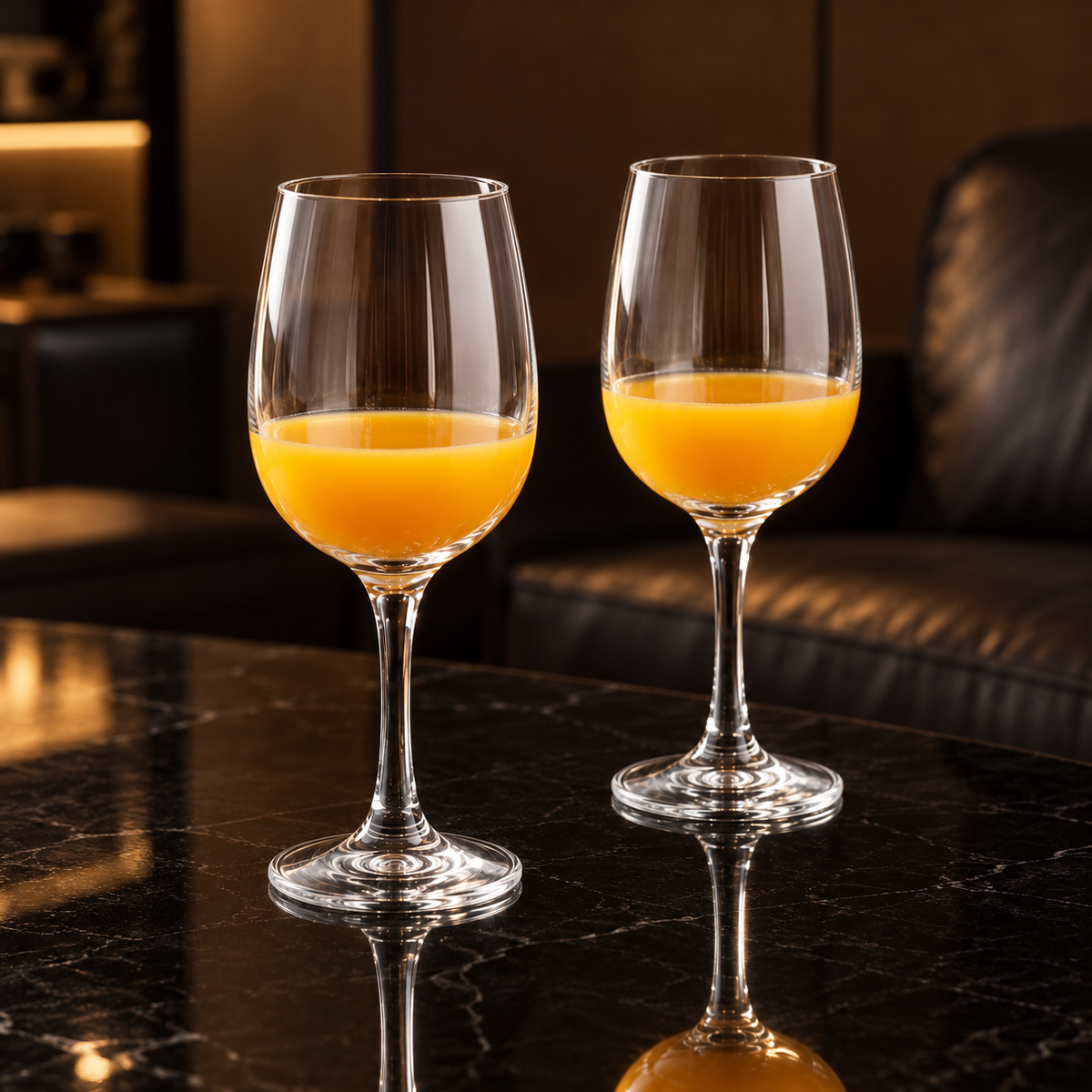 Wine glasses with orange juice in a living room