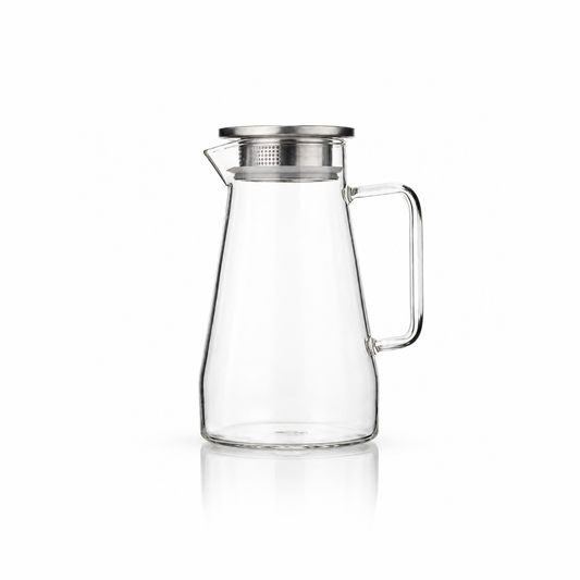 J-709 borosilicate glass jug with stainless steel lid on white