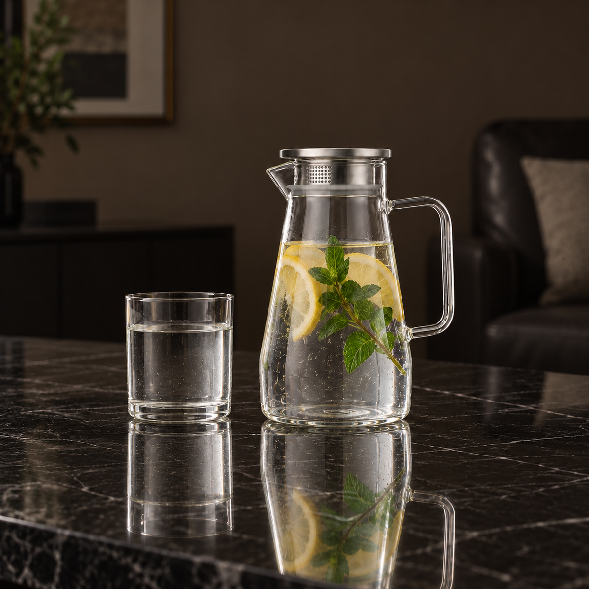 J-709 glass jug with lemon water in a living room setting