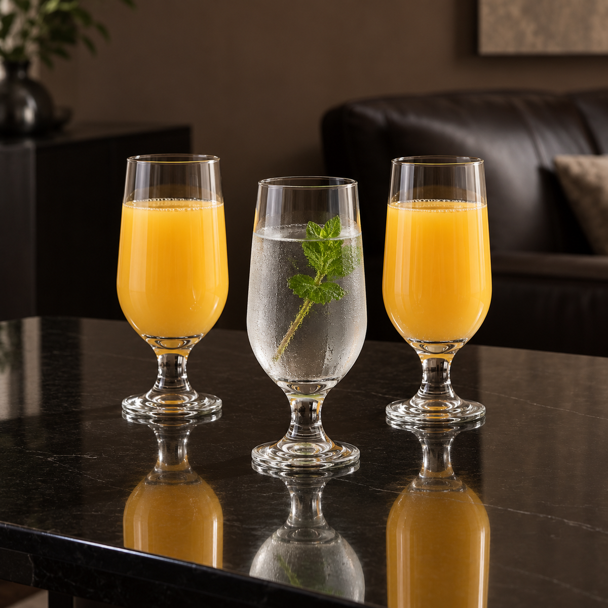 J-709 glasses with juice and water in a living room setting
