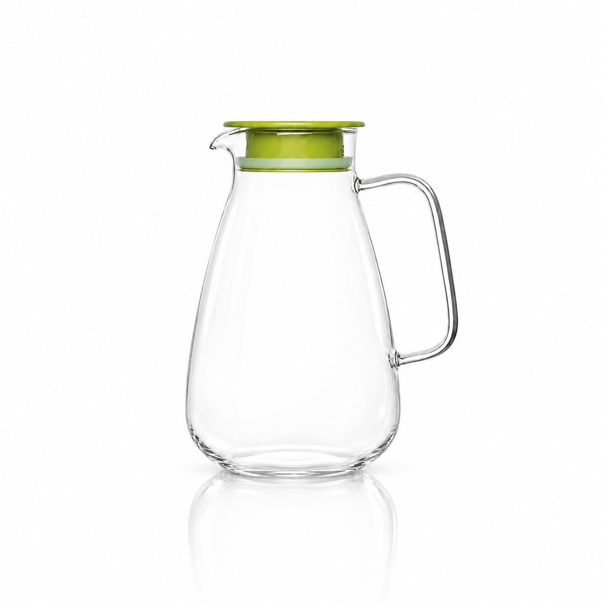 J-713 heat resistant glass jug with green lid on white