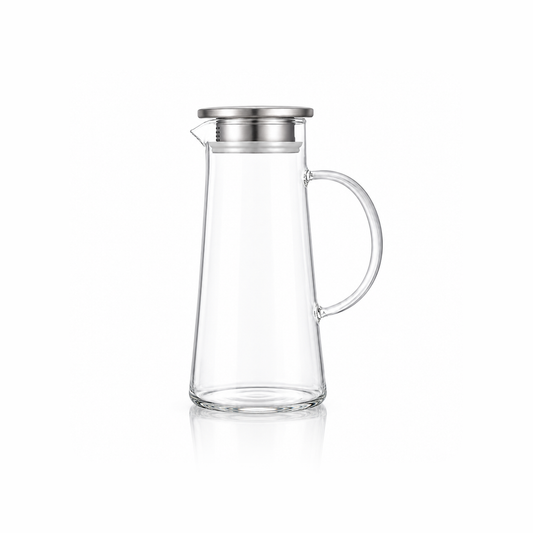 J-714 borosilicate glass jug with stainless steel lid on white