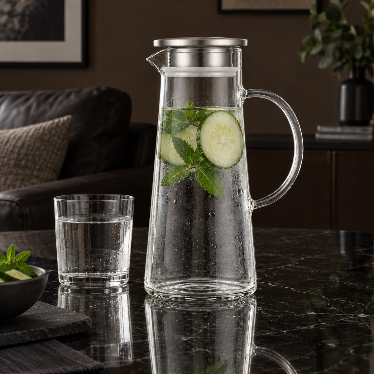 J-714 glass jug with cucumber mint water in a living room setting