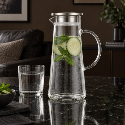 J-714 glass jug with cucumber mint water in a living room setting
