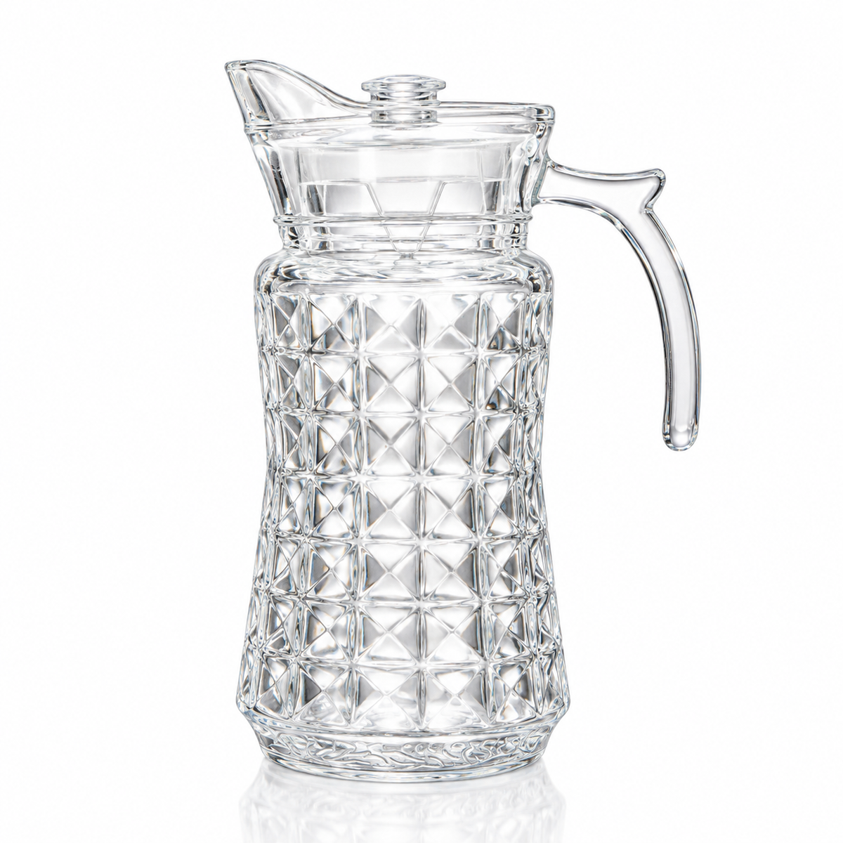 J-718 diamond pattern glass jug with lid on white