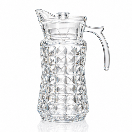 J-718 diamond pattern glass jug with lid on white