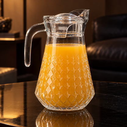 Glass jug with orange juice in living room