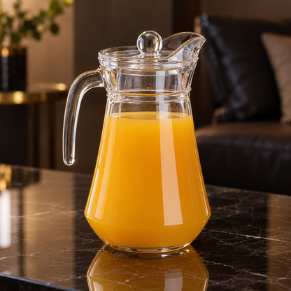 Glass jug with orange juice in living room