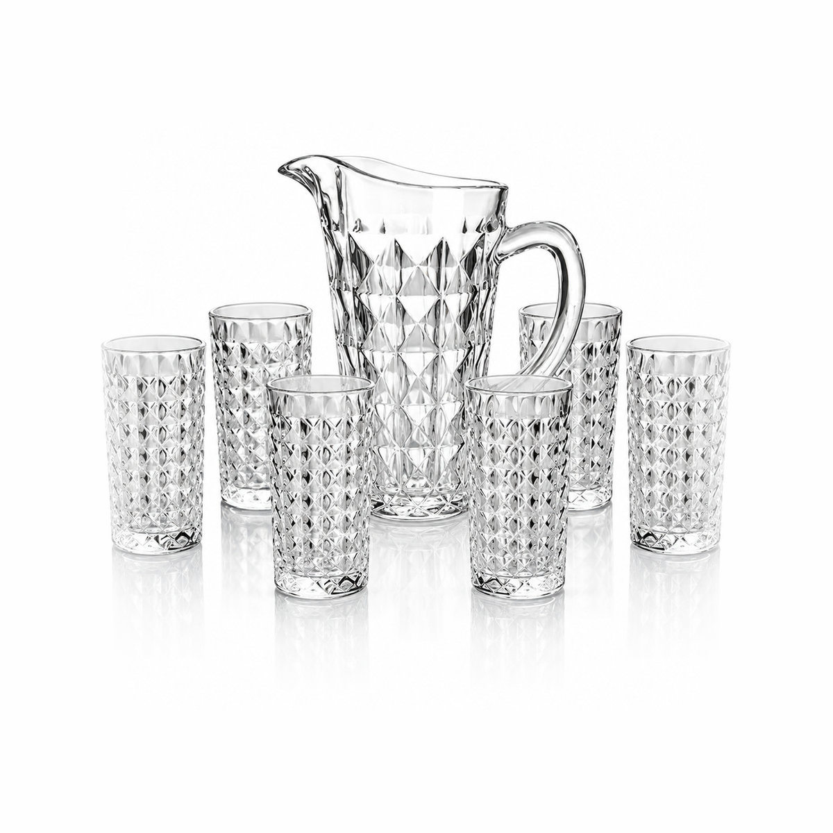 J-801 diamond glass jug set with 6 tumblers on white
