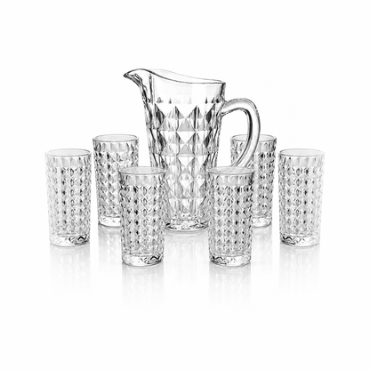 J-801 diamond glass jug set with 6 tumblers on white