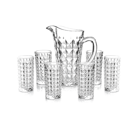 J-801 diamond glass jug set with 6 tumblers on white