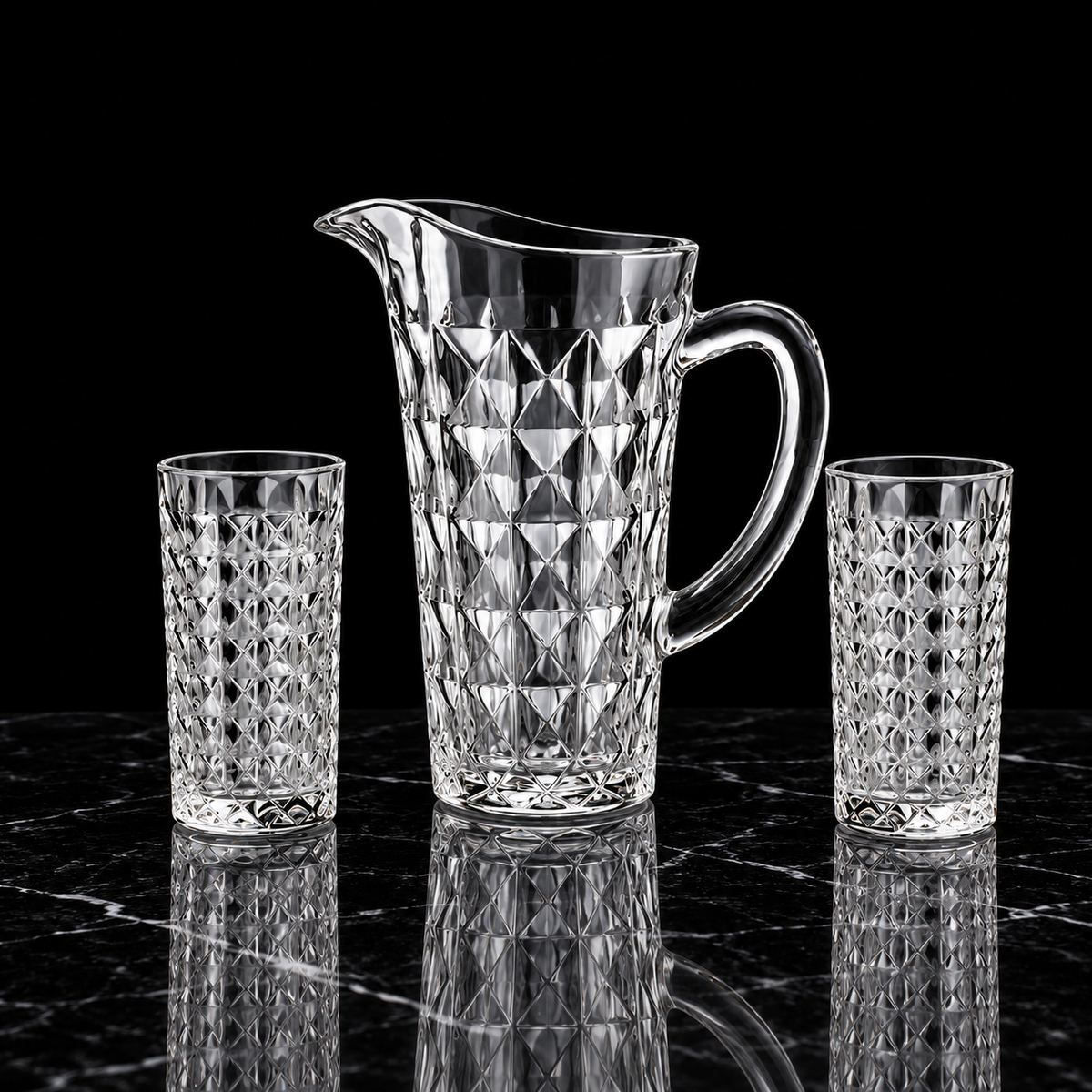 J-801 jug and tumblers on black marble