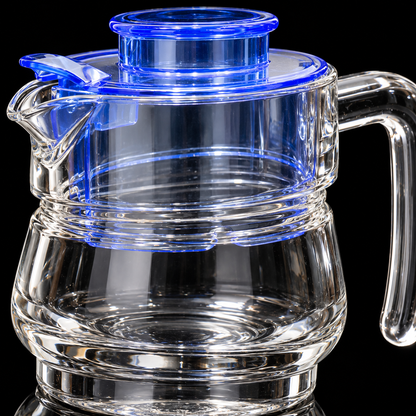 Glass jug set with blue lid detail