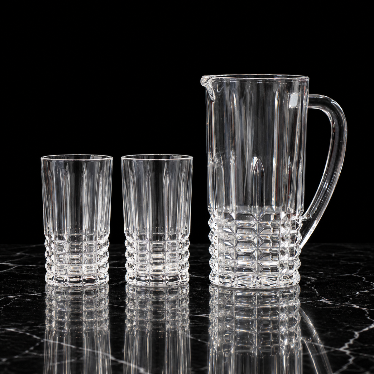 J-808 jug and tumblers on black marble