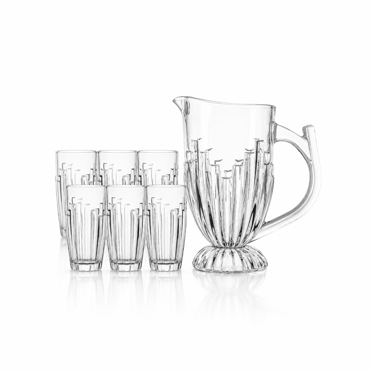 J-810 ribbed pedestal glass jug set with 6 tumblers on white
