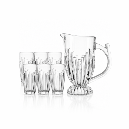 J-810 ribbed pedestal glass jug set with 6 tumblers on white