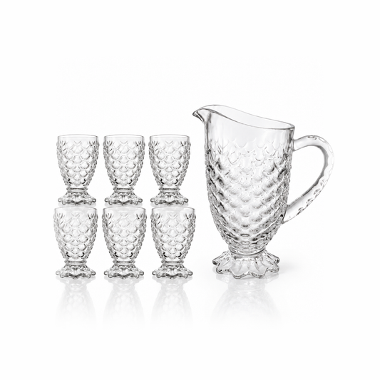 J-811 scale pattern glass jug set with 6 footed tumblers on white