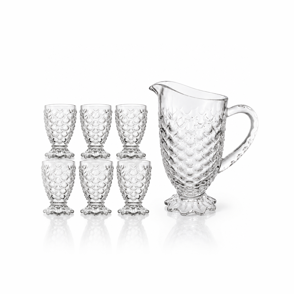 J-813 scale pattern glass jug set with 6 footed tumblers on white