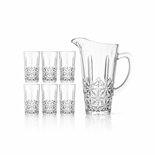 J-815 starburst cut glass jug set with 6 tumblers on white