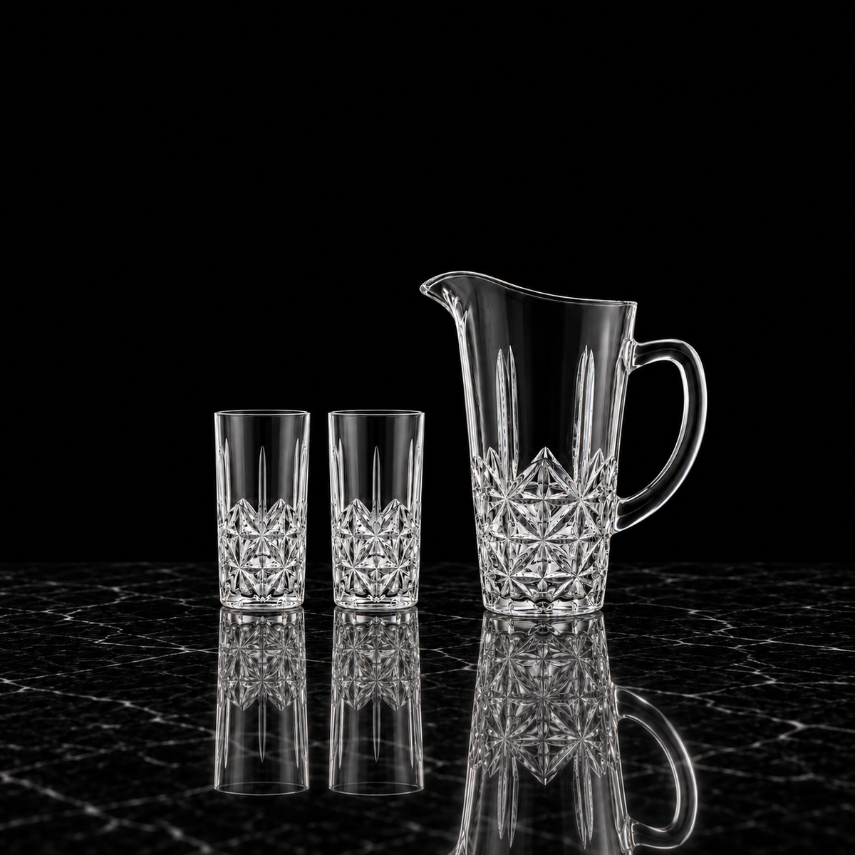 J-815 jug and tumblers on black marble