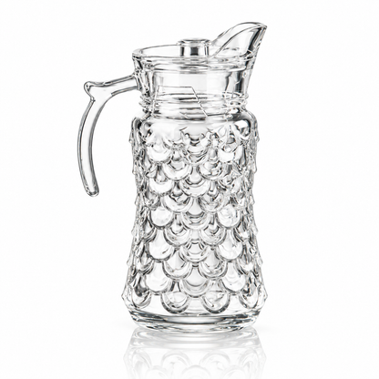 J-816 fish-scale glass jug set with 6 footed tumblers on white