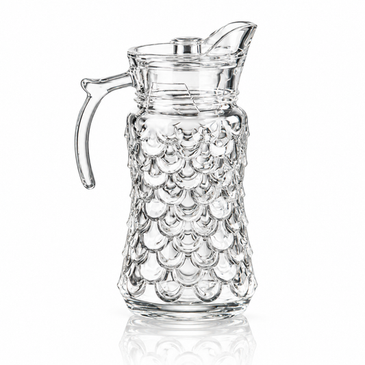 J-816 fish-scale glass jug set with 6 footed tumblers on white