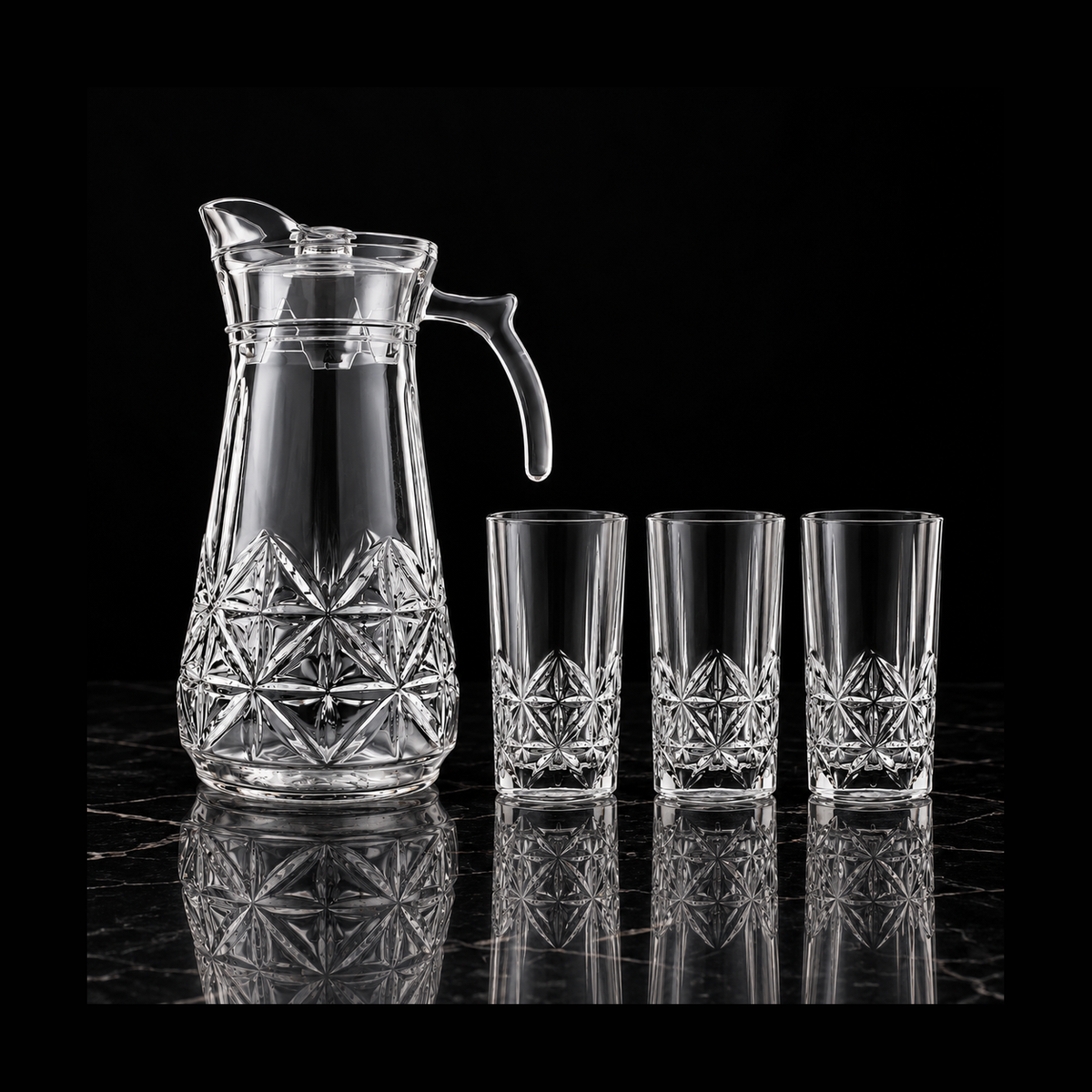 Glass jug set on black marble