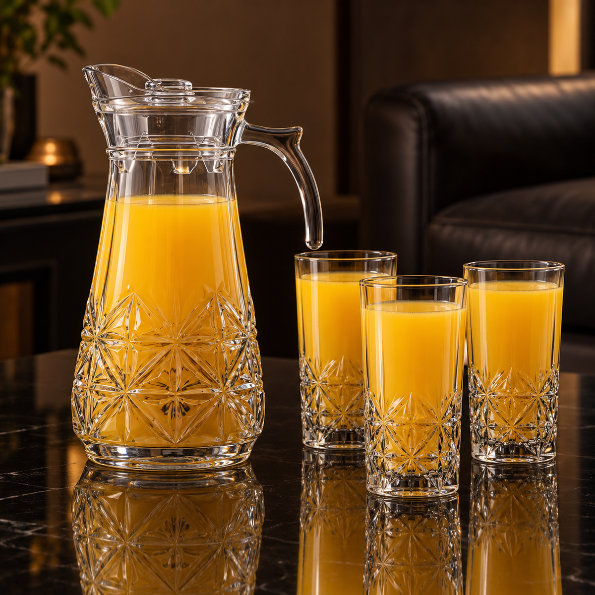 Glass jug set with mango juice in living room