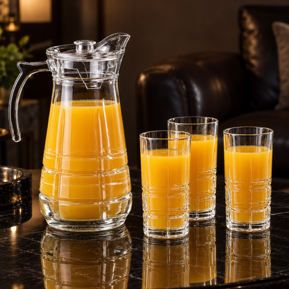 Glass jug set with orange juice in living room