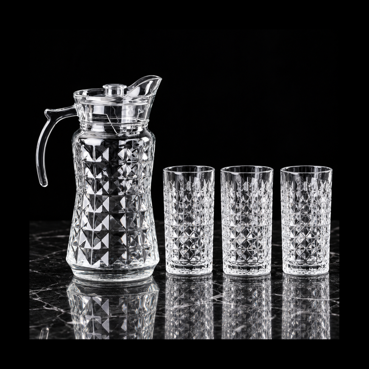Glass jug set on black marble