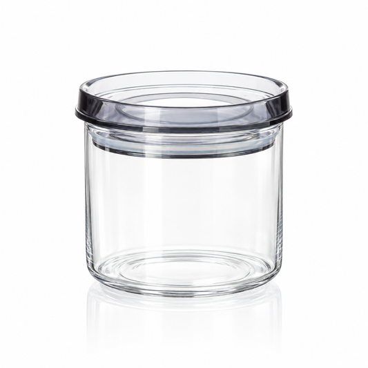 K-104 Glass Food Storage Container 450 ml with grey lid on white