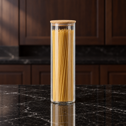 K-105 Glass Food Storage Container filled with spaghetti in a kitchen