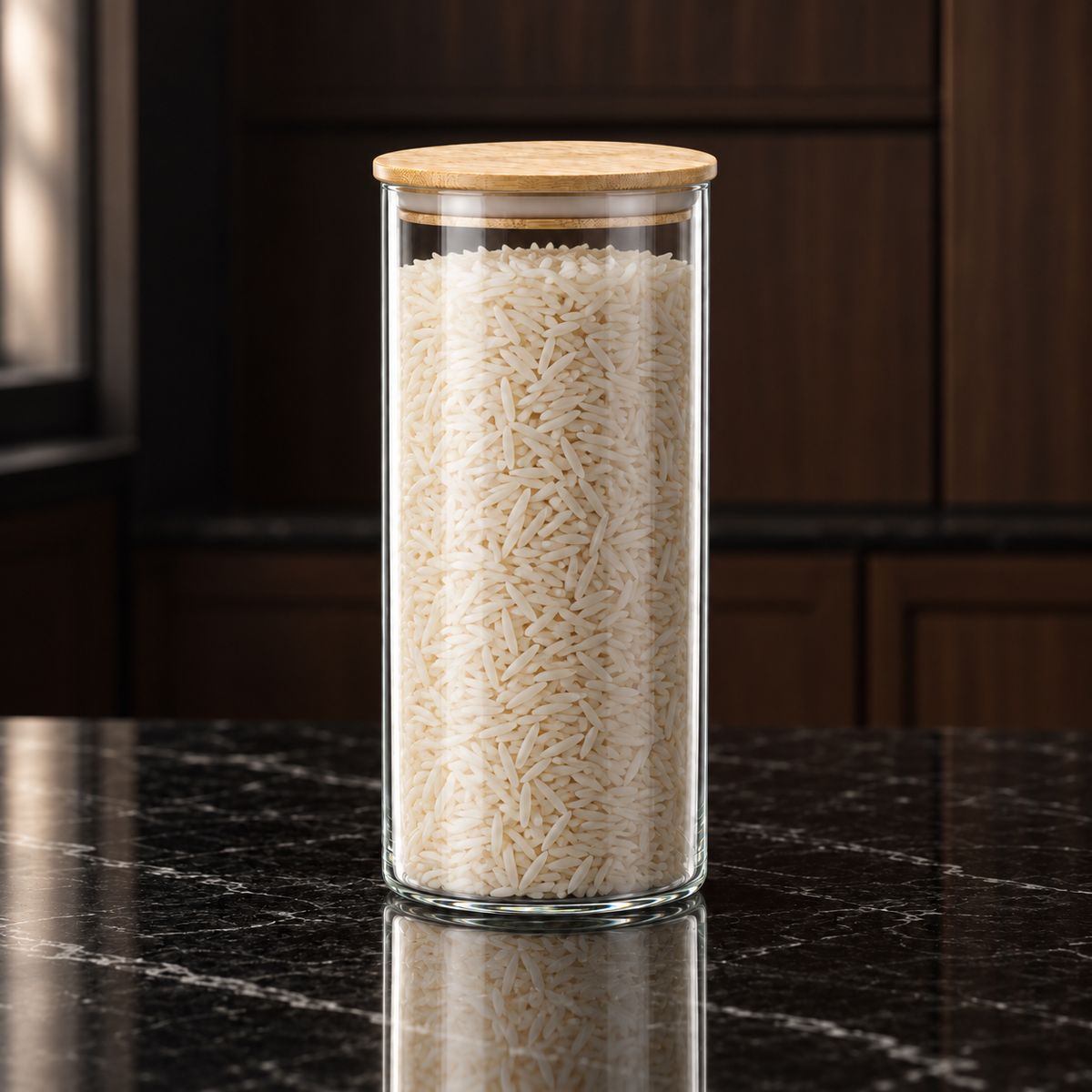 K-106 Glass Food Storage Container filled with rice in a kitchen