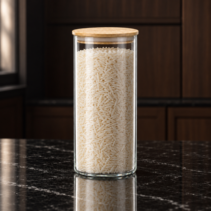 K-106 Glass Food Storage Container filled with rice in a kitchen
