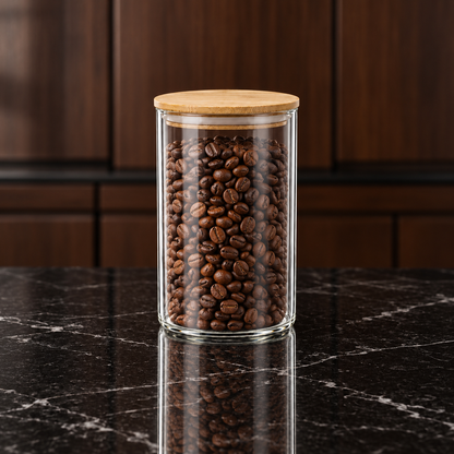 K-107 Glass Food Storage Container filled with coffee beans in a kitchen