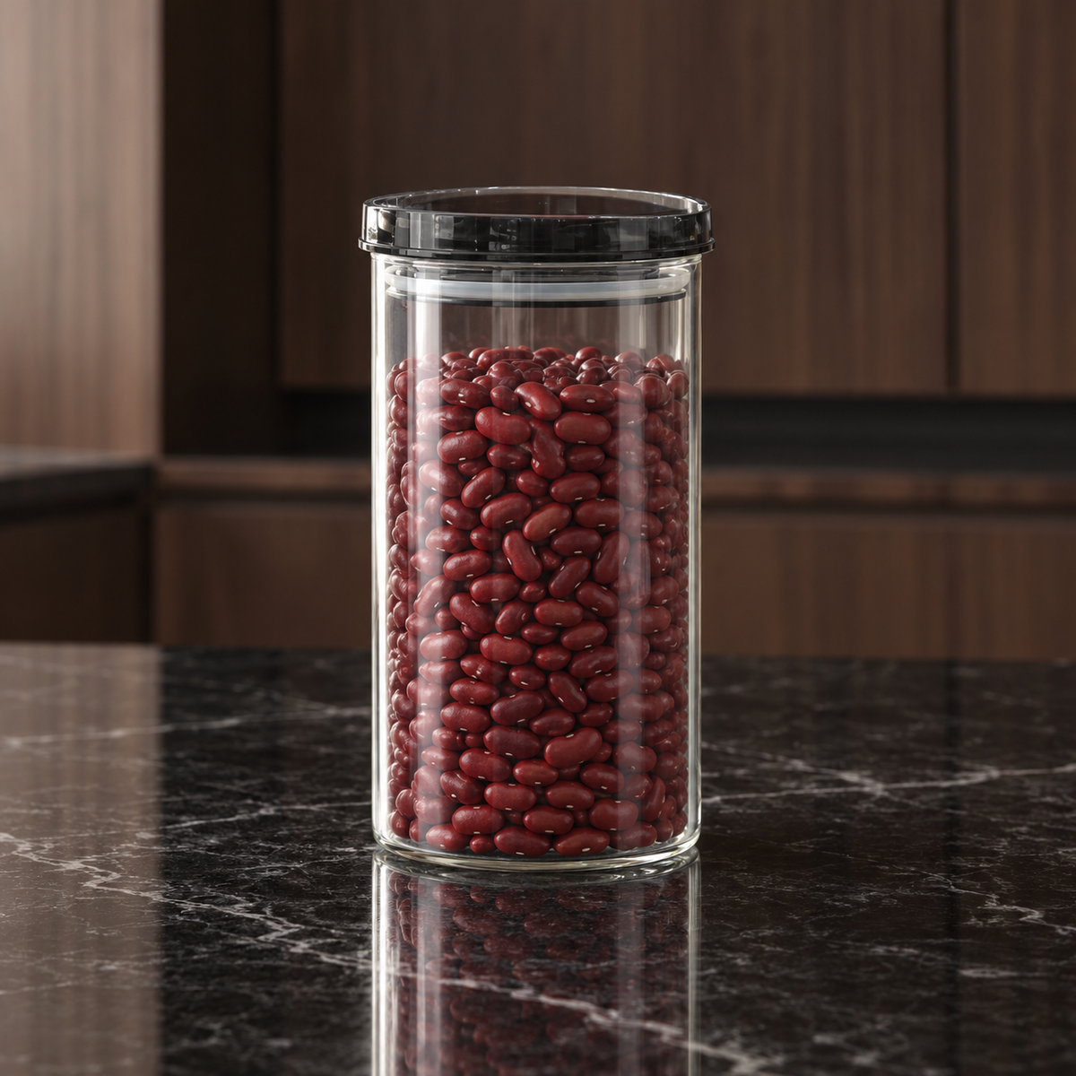 K-108 Glass Food Storage Container filled with kidney beans in a kitchen