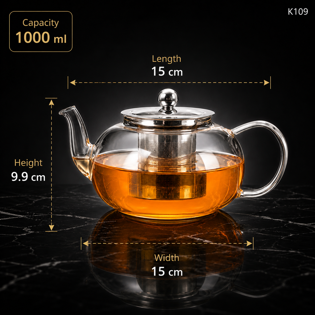 K109 glass teapot dimension infographic
