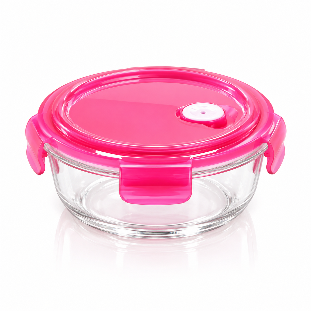 K-110 Round Glass Food Container 680 ml with pink clip lid on white