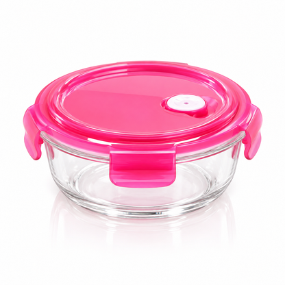 K-110 Round Glass Food Container 680 ml with pink clip lid on white