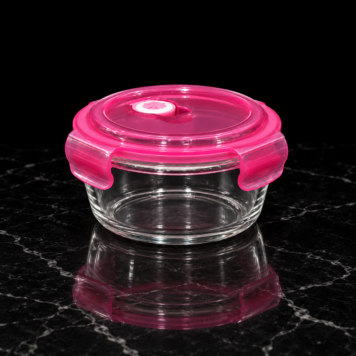 K-110 Round Glass Food Container on black marble