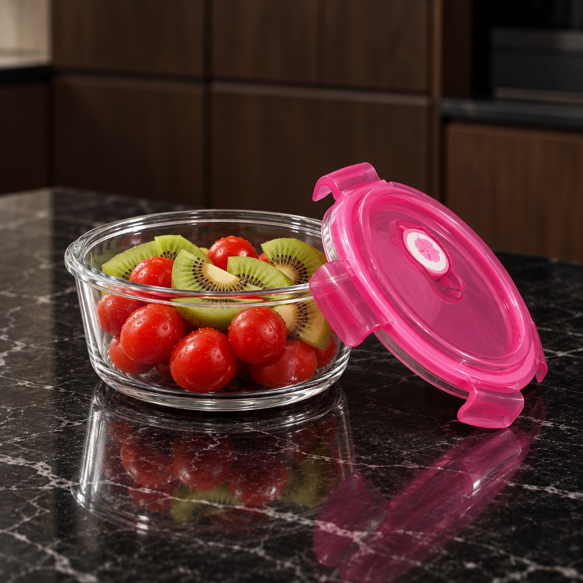 K-110 Round Glass Food Container with tomatoes and kiwi in a kitchen