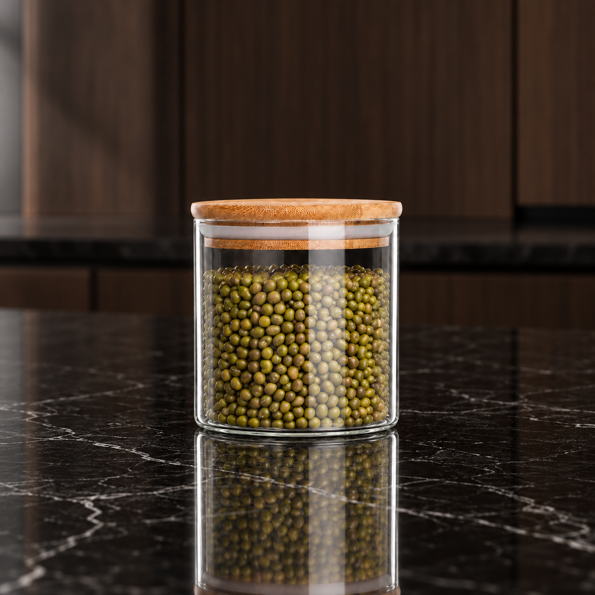 K-111 Glass Food Storage Container filled with mung beans in a kitchen