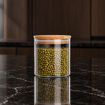 K-111 Glass Food Storage Container filled with mung beans in a kitchen
