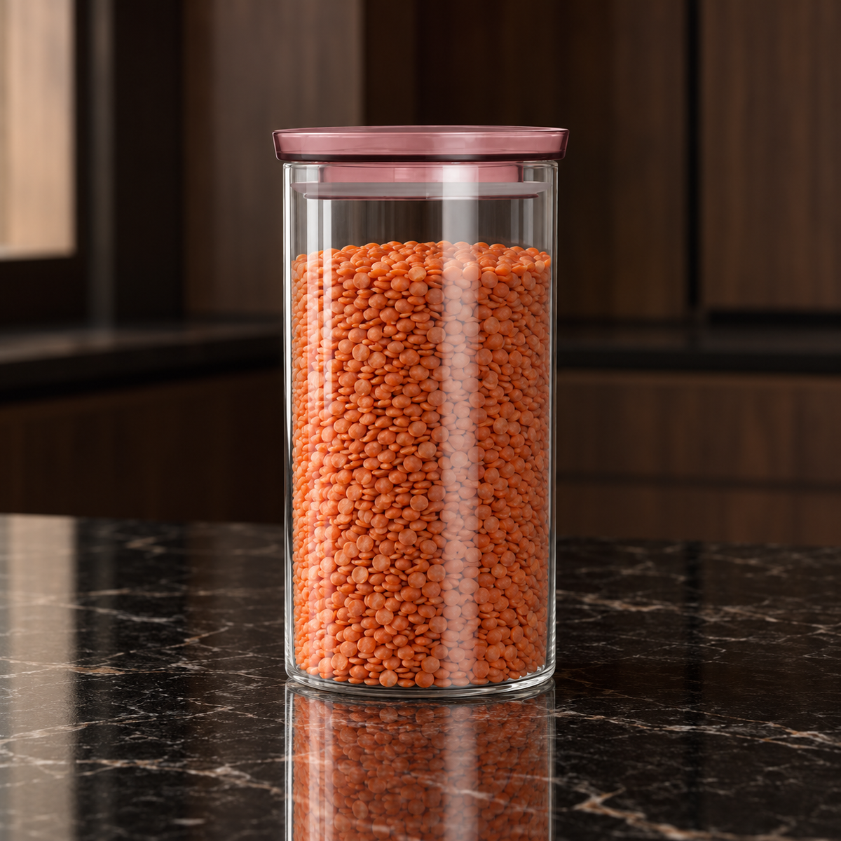 K-112 Glass Food Storage Container filled with red lentils in a kitchen