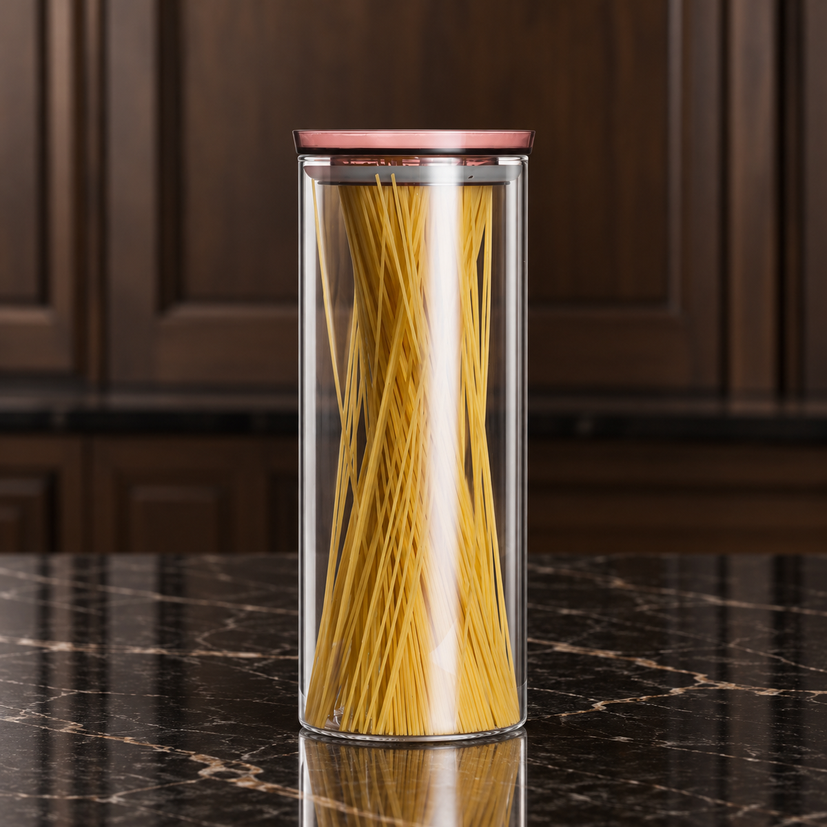 K-113 Glass Food Storage Container filled with spaghetti in a kitchen