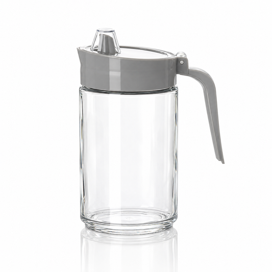 K-114 Glass Oil Dispenser Jar 600 ml with grey spout lid on white